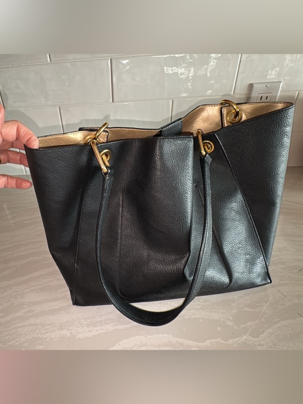 Ralph Lauren Black Leather Tote with Gold Accents - Picture 3 of 6